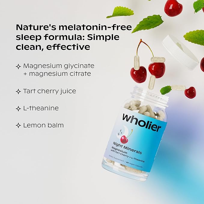 wholier Magnesium Glycinate L-Theanine Tart Cherry Juice. Natural Support for Sleep Stress + Relaxation. Melatonin-Free. Night Minerals. (60 Vegan Capsules) Glass Bottle