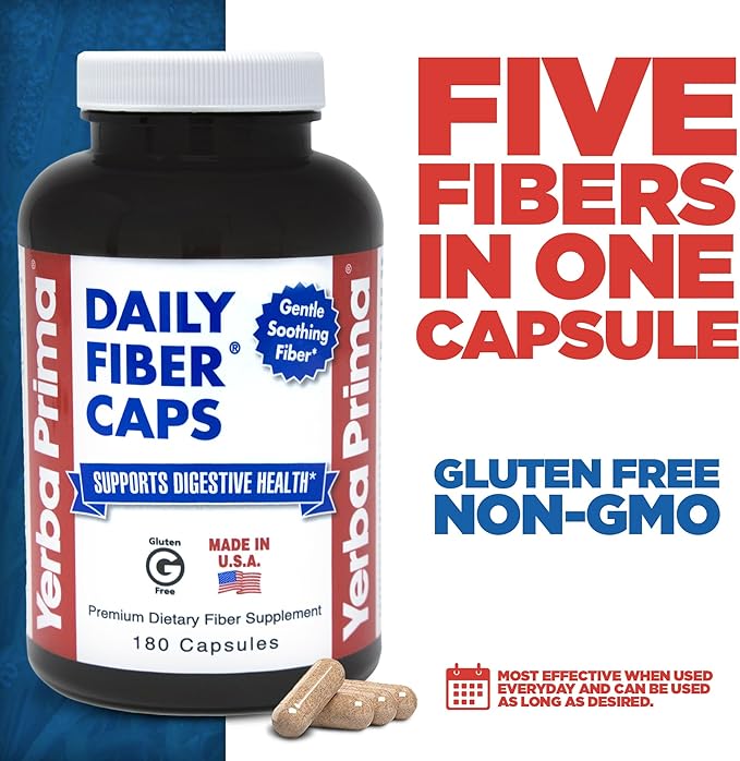 Yerba Prima Daily Fiber Formula - 180 caps (Pack of 2) - Soluble &amp Insoluble Dietary Fiber Supplement - Colon Cleanse - Gut Health - Vegan Non-GMO Gluten-Free