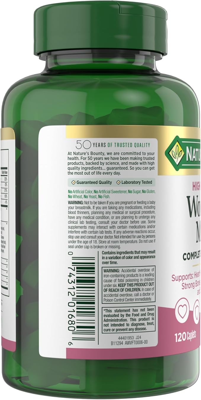 Nature's Bounty High Potency Women’s Complete Multivitamin Daily Vitamin with Vitamin C Supports Heart Health &amp Immune Function Essential Nutrition for Women 120 Caplets (Pack of 2)