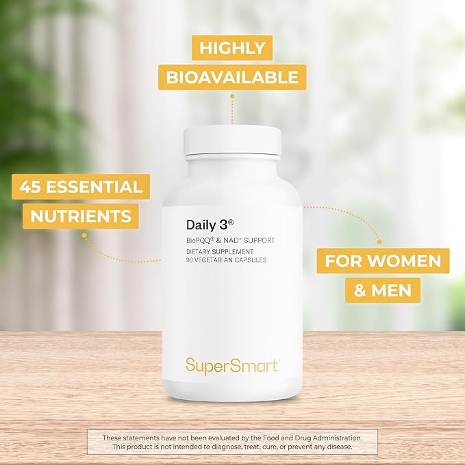 Supersmart Daily3 + Bio PQQ (All-in-One Formula) - Multivitamin for Women and Men - 45 Essential Nutrients | Non-GMO &amp Gluten-Free | 1 Month Supply - 90 Vegetarian Capsules
