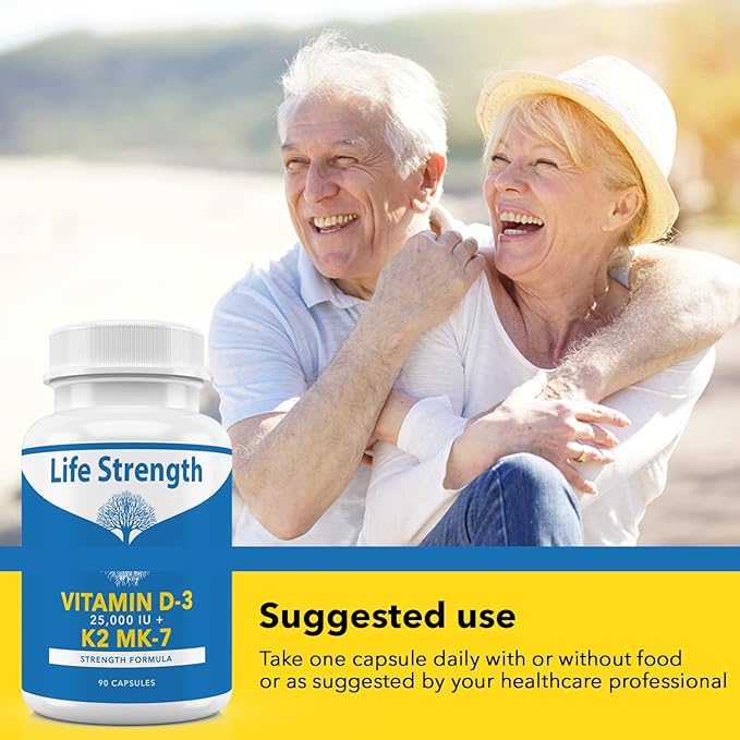 Vitamin K2 (MK7) + D3 25000IU Supplement - Extra Strength Non GMO Easy to Swallow No Fillers - Supports Immune &amp Bone Health