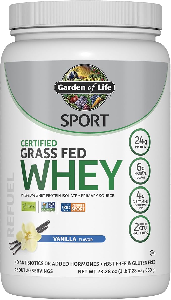 Garden of Life Sport Grass Fed Whey Protein Powder – 24g Whey Protein Isolate for Women &amp Men with Probiotics &amp Glutamine Non-GMO Gluten-Free Cold-Processed Vanilla Flavor 20 Servings