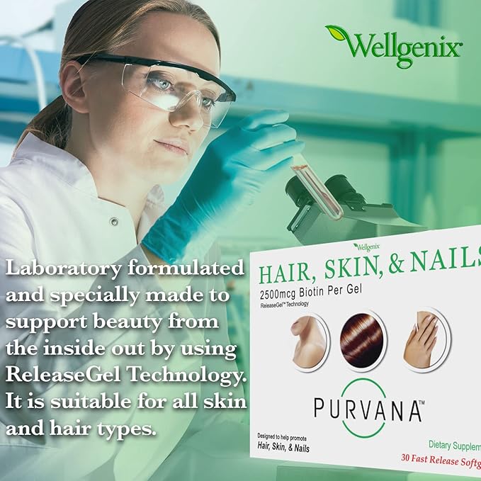 Wellgenix Purvana Hair Skin and Nails Supplement – 2500mcg Biotin Softgels with MSM &amp B-Complex – Daily Beauty Support for Stronger Nails &amp Hair Vitality – 60 Softgels (2 Pack)