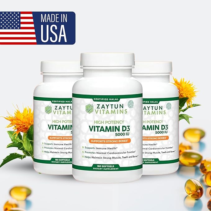 Zaytun Halal Vitamin D3 5000 IU 180 Mini Softgels Supports Bones Healthy Muscle Function &amp Immune Premium Vitamin D from Safflower Oil 6 Months Supply Non-GMO Gluten-Free Made in USA