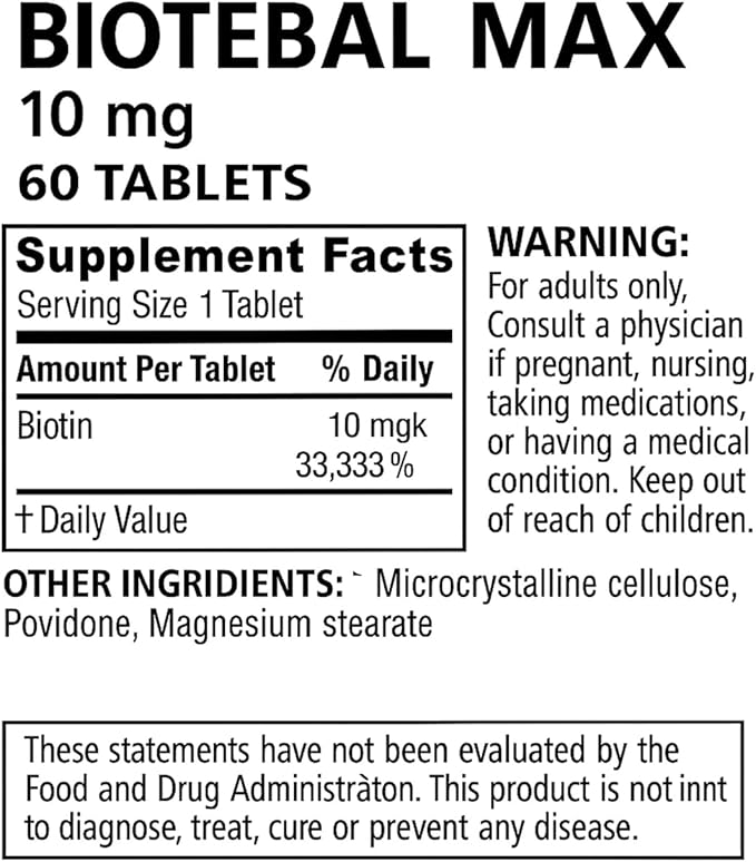 Formula Biotebal Max 10mg 60TBS European Version Biotin Max 10000 mcg Formula for Hair Skin and Nail Support