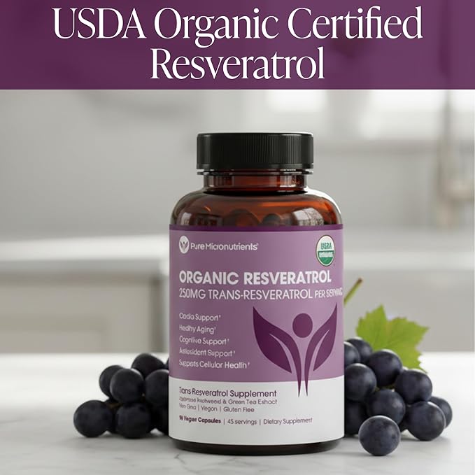 Organic Resveratrol Supplement – Trans-Resveratrol Capsules with Green Tea – Highly Purified &amp Bioavailable - 90 Vegan Caps