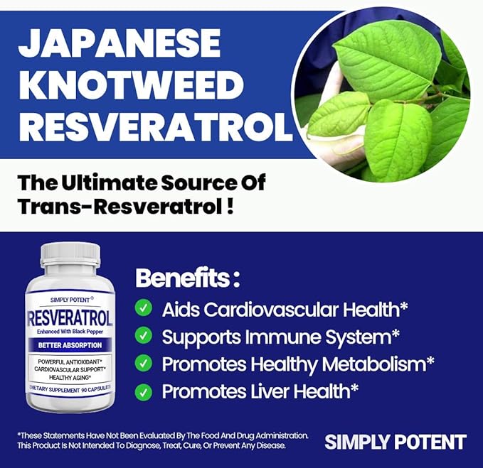 Resveratrol 1000mg Supplement Trans Resveratrol 500mg Resveratrol Enhanced with Black Pepper for Max Absorption Powerful Antioxidant &amp Anti-Aging Pills for Heart Immune &amp Skin Health 90 C