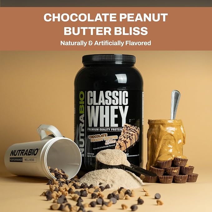 NutraBio Classic Whey Protein Powder- 25G Protein Per Scoop -No Fillers Artificial Colors Preservatives - Low Glycemic Index - (Chocolate Peanut Butter 5 Pounds)
