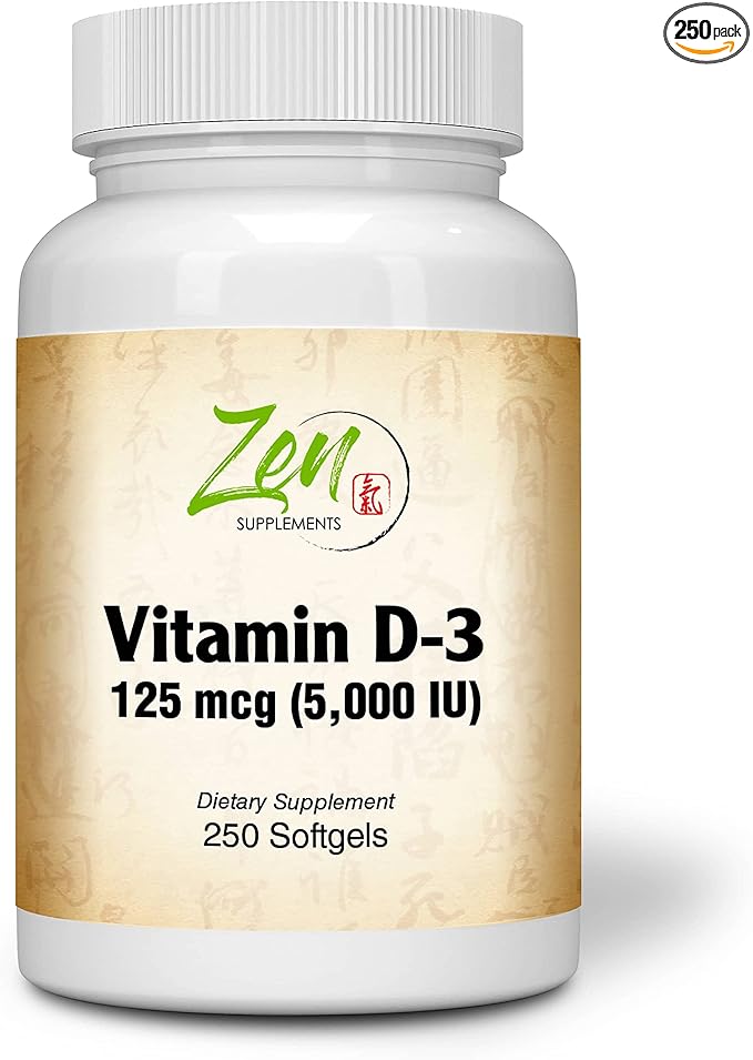 Zen Supplements - Vitamin D-3 5000 IU 250-Softgel - Supports Healthy Muscle Function Bone Health &amp Immune Support