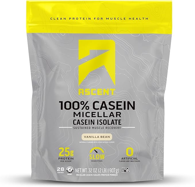 Ascent Casein Protein Powder - 25g Micellar Casein Powder with Zero Artificial Flavors &amp Sweeteners Gluten-Free No Added Sugar 4.9g BCAA 2.2g Leucine - Vanilla Bean 2 Pounds