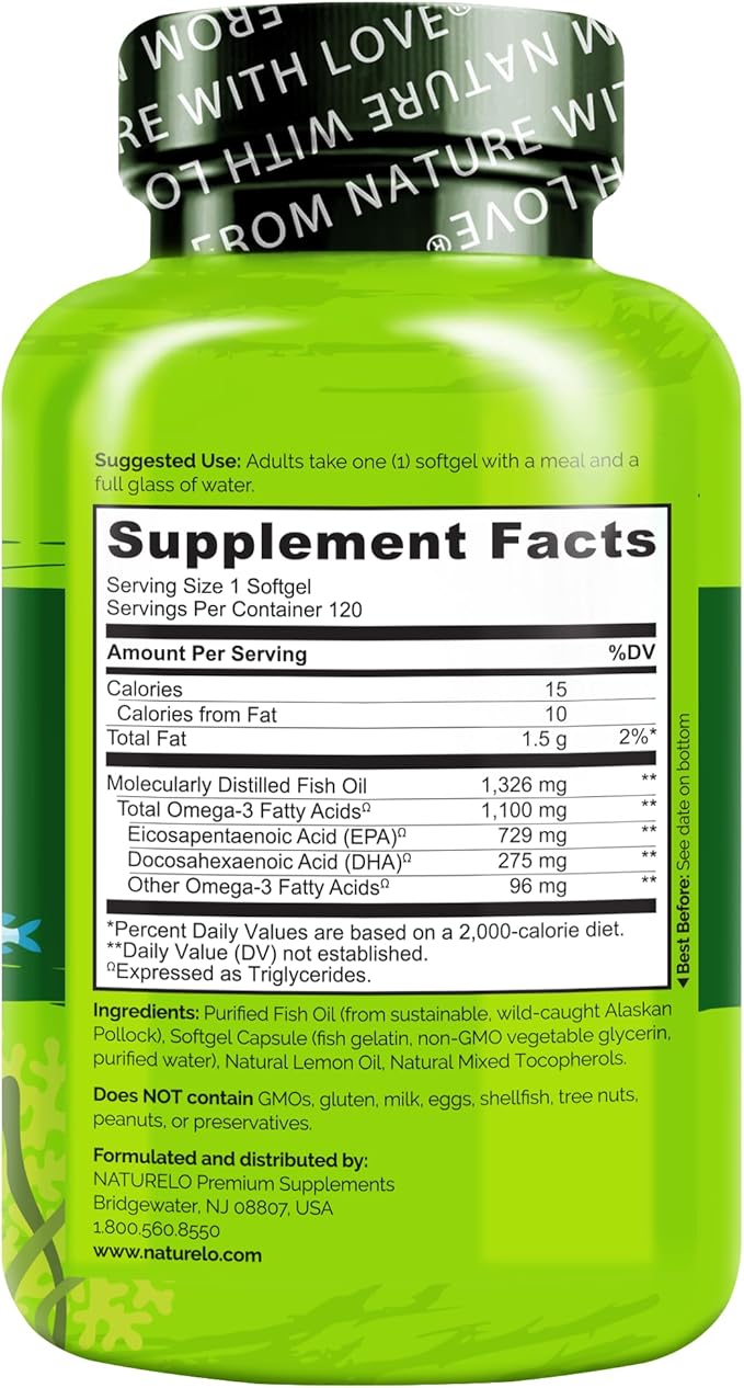 NATURELO Burpless Omega 3 Fish Oil Supplement - 1100mg Triglyceride Omega-3 EPA + DHA Liquid Fish Oil for Heart Eye Brain Joint Health - 120 Softgels 4 Months Supply