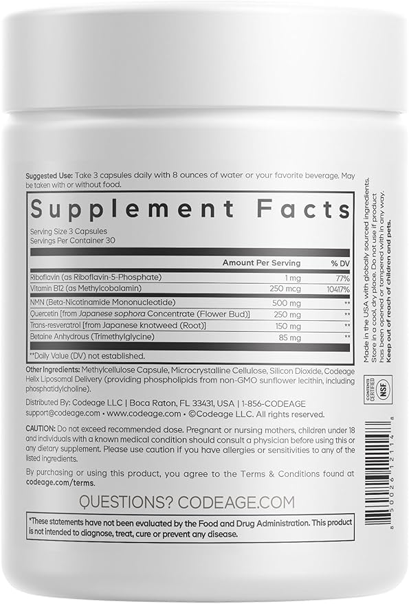 Codeage Liposomal NMN Platinum - 500 mg NMN Supplement Nicotinamide Mononucleotide NAD Precursor - Quercetin Resveratrol Betaine TMG Vitamin B2 Riboflavin &amp Vitamin B12 - Non-GMO - 90 Capsule