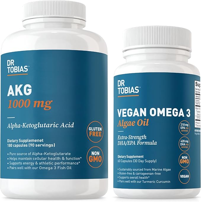 Dr. Tobias AKG Supplement &amp Vegan Omega 3 Algae Oil Support Cellular Energy &amp Overall Health with AKG EPA &amp DHA Vegan Gluten-Free Non-GMO