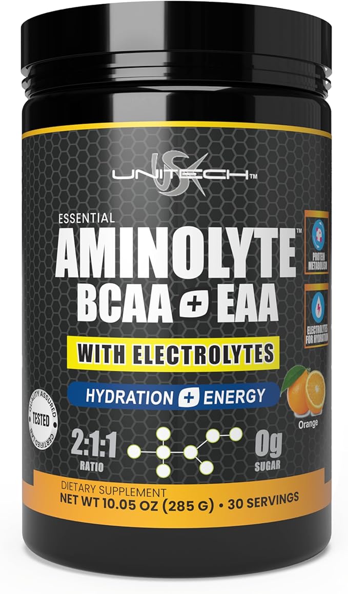 USK Unitech AminoLyte BCAA + EAA &amp Electrolytes Powder | Rich with Essential Amino Acids | Muscle Recovery &amp Hydration | Endurance &amp Performance Support | Dietary Supplement | Orange Flavo