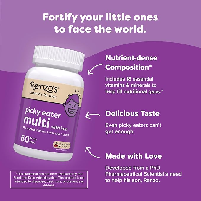 Renzo's Picky Eater Kids Multivitamin with Iron Dissolving Kids Vitamins with Vitamin D3 &amp K2 and More 60 Sugar-Free Melty Tabs Cherry Mo’ Cherry Flavored