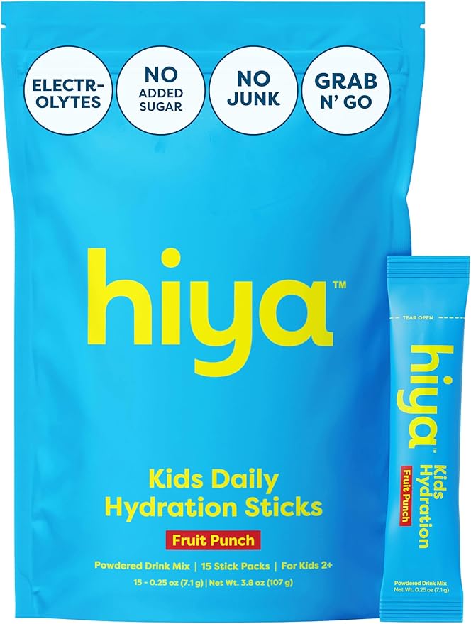 HIYA Kids Hydration with Electrolytes - Zero Added Sugar Fruit Punch Flavored Kids Hydration Packets - 15 Sticks - Travel-Friendly Drink Mix for Children Ages 2+