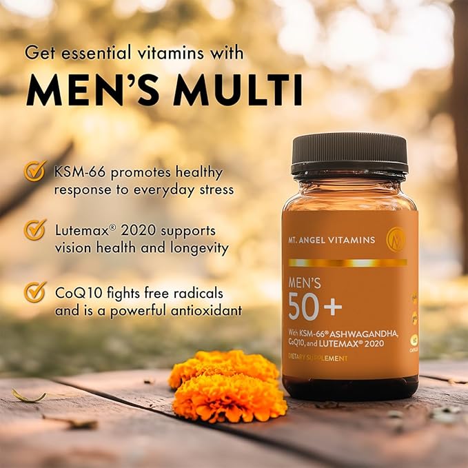 Mt. Angel Vitamins - Daily Mens Multivitamin 50+ Adult Formula with Iron Calcium KSM-66 Ashwaganda and a Potent Proprietary Herbal Blend of The Best Mens Vitamins - 60 Count Capsules