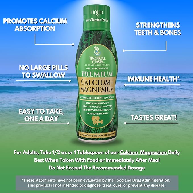 Premium Liquid Calcium Magnesium Supplement | Promotes Strong Bones &amp Healthy Teeth | Natural Liquid Vitamin w/Calcium Magnesium Citrate Boron &amp Vitamin D3 | 98% Max Absorption | 16oz 32 Se