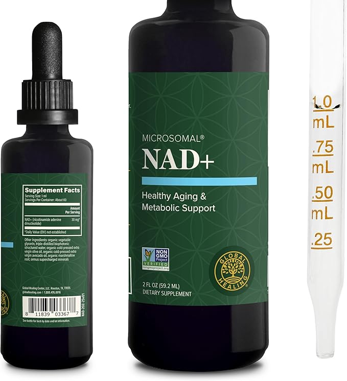 Global Healing Premium NAD+ Liquid Supplement - Sublingual NAD Drops - Liposomal NAD Plus Serum for Cellular Renewal - Nicotinamide Riboside Formula for Men &amp Women (2 Oz)