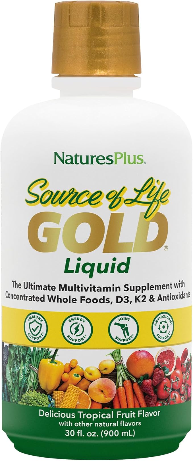 NaturesPlus Source of Life GOLD Multivitamin Liquid - 30 oz - With Vitamins D3 B12 &amp K2 - Blood Bone &amp Immune Support - Vegetarian &amp Gluten Free - 30 Servings