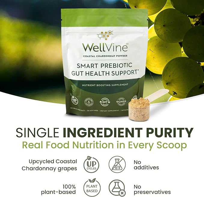 Premium Smart Prebiotic Gut Health Supplement Powder for Men &amp Women | Digestive Support &amp Gut Health With 100% Upcycled Chardonnay Grapes | Plant-Based Gluten and Allergen-Free | 4.75Oz