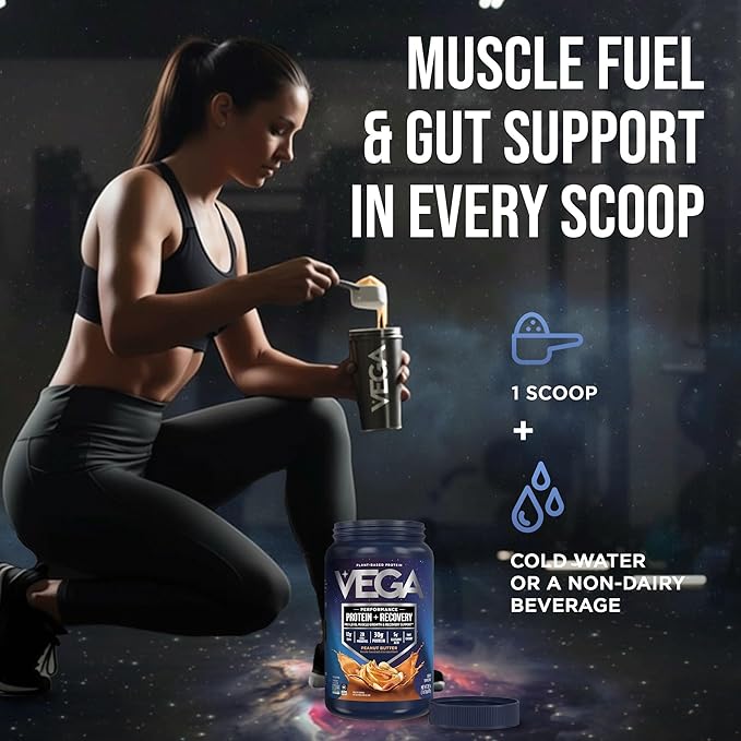 Vega Sport Vegan Protein Powder + Recovery - 30g Plant Based Protein per Serving Peanut Butter 19 Servings 5g BCAAs Probiotics NSF Certified for Shakes &amp Smoothies 1.8lbs (Packaging May Var