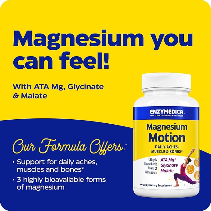 Enzymedica Magnesium Motion with 3 Forms of Magnesium ATA Mg Glycinate Malate Soothes Occasional Aches Supports Bones &amp Muscles 120 Capsules
