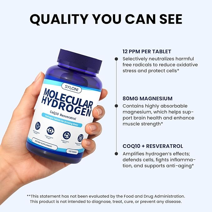 Hydrogen Water Tablets with Magnesium 12 PPM Hydrogen Tablets for Drinking Water H2 Molecular Tabs - Cellular Health Support Mental Clarity Rich in Antioxidants &amp Healthy Aging 120 Servings