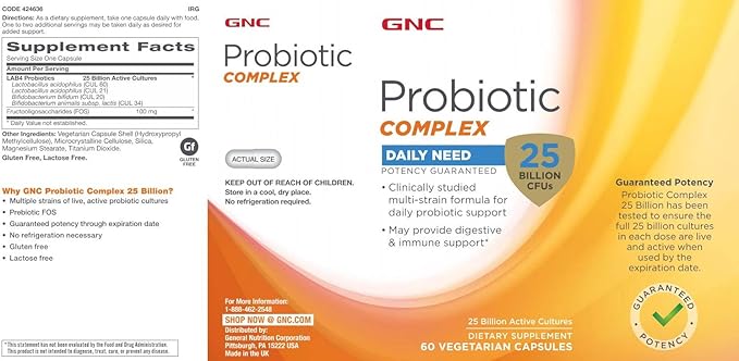 GNC Probiotic Complex Daily Need with 25 Billion CFUs Twin Pack 60 Capsules per Bottle Daily Probiotic Support
