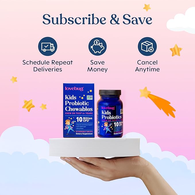 LOVEBUG Probiotics for Kids – Probiotic Chewables with Prebiotic Fiber for Age 4+Daily Children's Gut Health &amp Digestive Support Supplement Sugar-Free Berry Flavor 30 Count