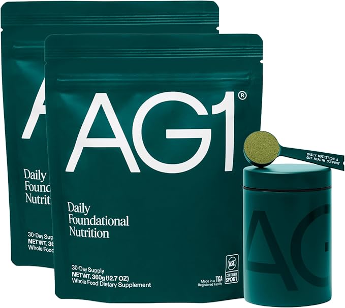 AG1 Greens Powder Refill Bundle – 60 Servings with Stainless Steel Storage Canister &amp Metal Measuring Scoop | 75 Vitamins Minerals &amp Superfoods | Daily Multivitamin &amp Probiotic | Vegan G