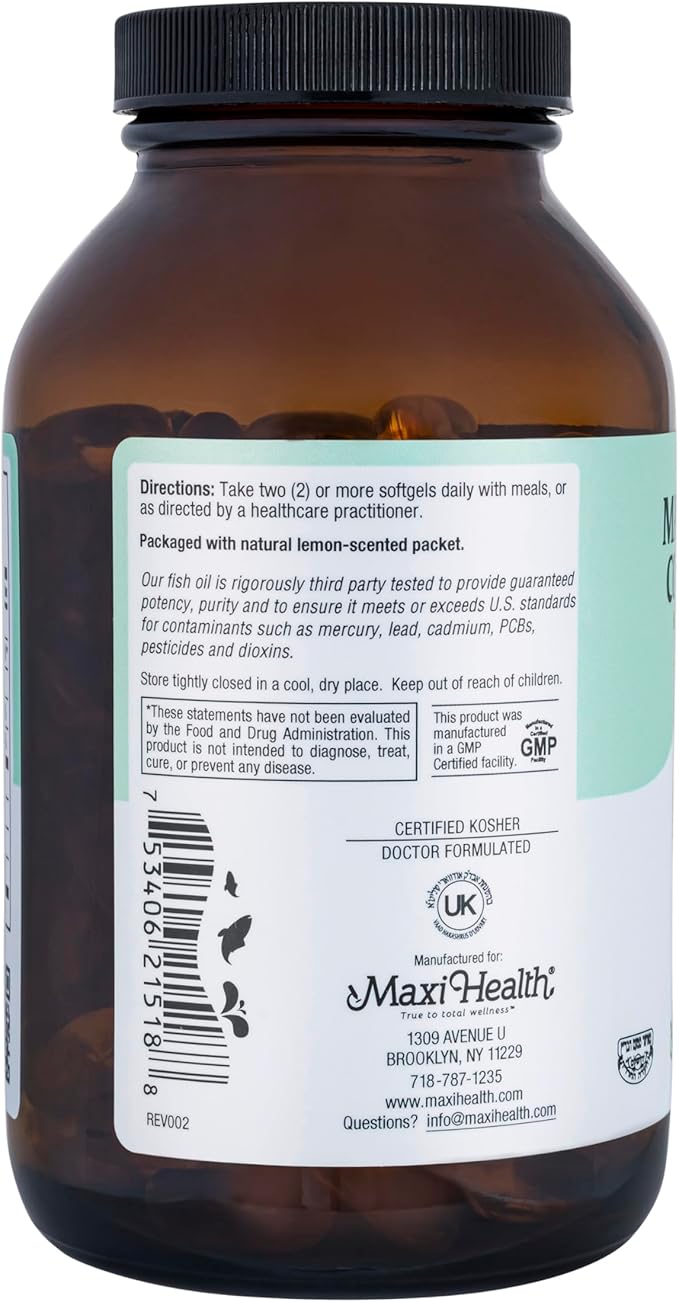 Omega 3 Fish Oil Supplement for Women and Men - Triple Strength 2000 mg Fish Oil with Omega 3 Fatty Acids Supplements Including EPA DHA - Support for Heart Brain &amp Joint Health Kosher 180 Softgel