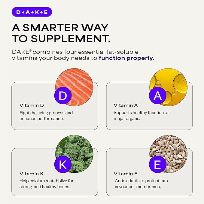 DAKE by Dave Asprey | Synergistic Blend of Essential Vitamins D-A-K-E | Vitamin D2 + K2 + A + E Supplement for Immune Support Bone &amp Joint Support &amp Heart Health | 60 Day Supply