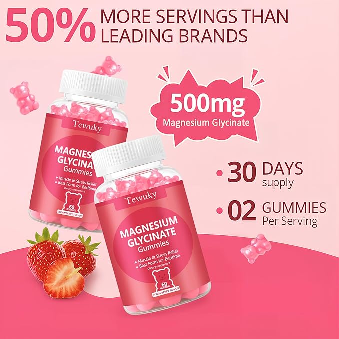 Magnesium Glycinate Gummies 2 Bottles Sugar-Free for Adults &amp Kids Magnesium Gummy for Relaxation Stress &amp Muscle Relief Supports Bone &amp Nerve Health Vegan Pectin-Based Strawberry F