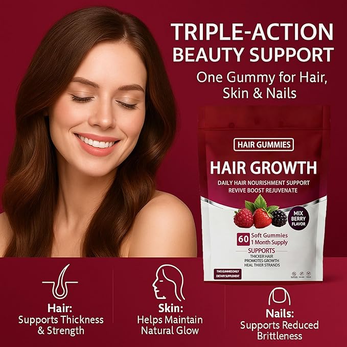 Lumin Hair Growth Gummies – Daily Hair Nourishment with Biotin Collagen &amp Botanical Extracts – Supports Thicker Stronger &amp Healthier-Looking Hair – Mixed Berry Flavor 60 Gummies (1)