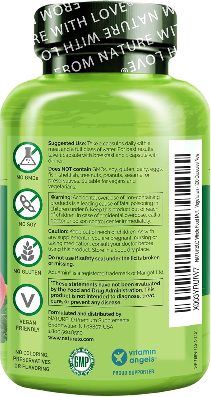 NATURELO Multivitamins for Teenage Girls/Boys 120 Capsules Whole Food Multivitamin with Minerals Non-GMO Vegetarian