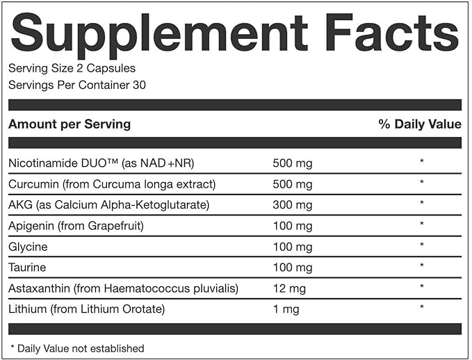 AEON Longevity Complex White Supplement with Curcumin NMN (Nicotinamide Mononucleotide) AKG Glycine &amp Taurine Supports Healthy Aging Energy &amp Immune System Vegan 60 Capsules