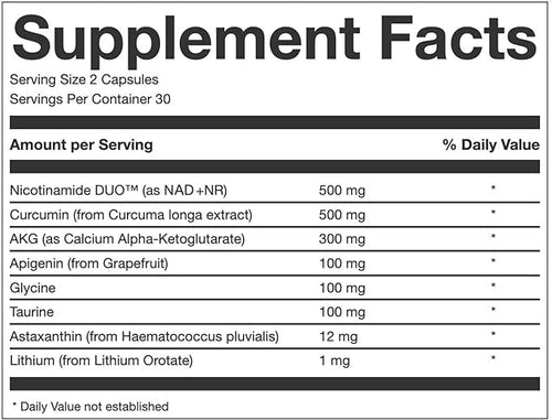 AEON Longevity Complex White Supplement with Curcumin NMN (Nicotinamide Mononucleotide) AKG Glycine &amp Taurine Supports Healthy Aging Energy &amp Immune System Vegan 60 Capsules