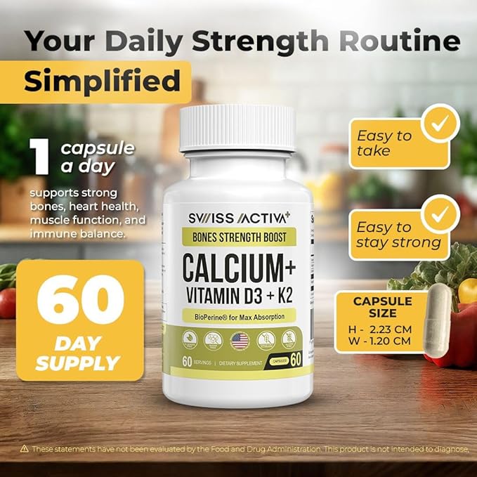 Swiss Activa+ Labs Calcium with Vitamin D3 &amp K2 – Vegan Non-GMO Bone &amp Teeth Support Supplement – Immune &amp Muscle Function – Heart Health D3 K2 Vitamins for Men &amp Women Gluten–60 Day