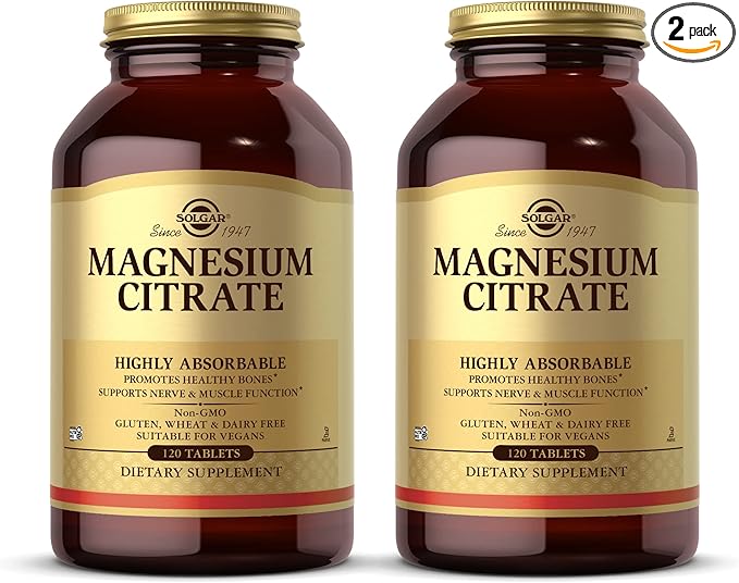 Solgar Magnesium Citrate - 120 Tablets Pack of 2 - Promotes Healthy Bones Supports Nerve &amp Muscle Function - Highly Absorbable - Non-GMO Vegan Gluten Free Kosher - 120 Total Servings