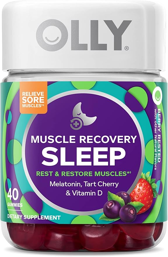 OLLY Muscle Recovery Sleep Gummies Sleep and Sore Muscle Support 3mg Melatonin Tart Cherry &amp Probiotic + Prebiotic Gummy Digestive Support and Gut Health 500 Million CFUs Fiber
