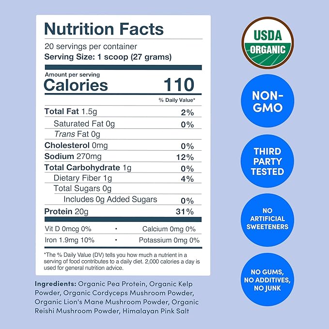 Further Food Organic Vegan Protein Powder Unflavored – 20g Pea Protein with Mushrooms &amp Seaweed Non-GMO Gluten Free Sugar Free 20.46 Oz
