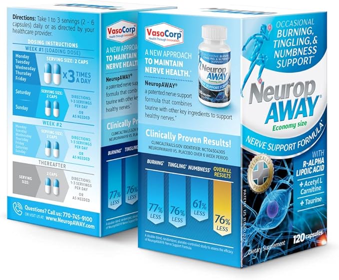 NeuropAWAY Nerve Support Supplement R-Alpha Lipoic Acid to Help Provide Nerve Relief and Health in as Little as 5 Days Acetyl-L-Carnitine Taruine Vitamin B12 L-Citrulline 120 Capsules