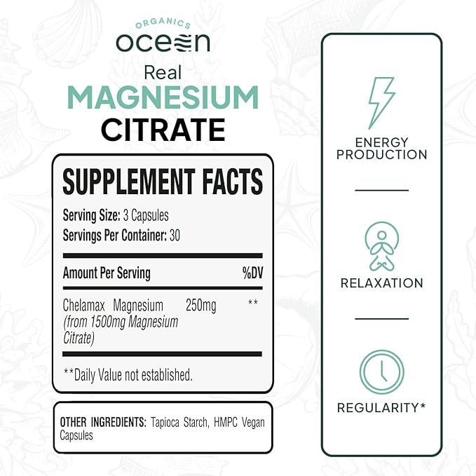 Organics Ocean Real Magnesium Citrate - High Absorption Magnesium Supplement - Chelated Magnesium to Support Energy Relaxation and Regularity - 6 Pack Bulk Supply