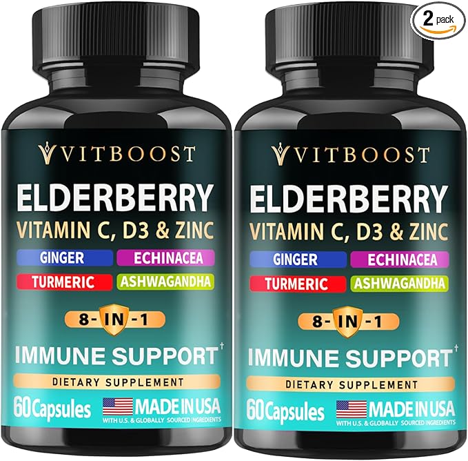 2 Pack Elderberry Immune Support Supplement 8-in-1 Formula with Echinacea Vitamin C &amp Zinc Vitamin D 5000 IU Turmeric Ginger Ashwagandha – 60 Capsules Each