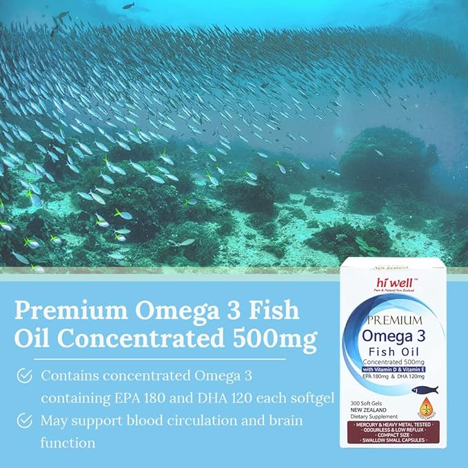 (Pack of 2) Hi Well Premium Omega 3 Fish Oil Concentrated 500mg 300 Softgels