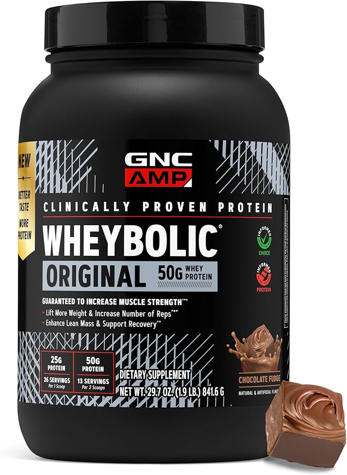 GNC AMP Wheybolic Clinically Proven Protein Powder 50g Whey Protein BCAA Leucine Increases Muscle Strength Muscle Building 3rd Party Tested Gluten Free Chocolate Fudge 13 Servings
