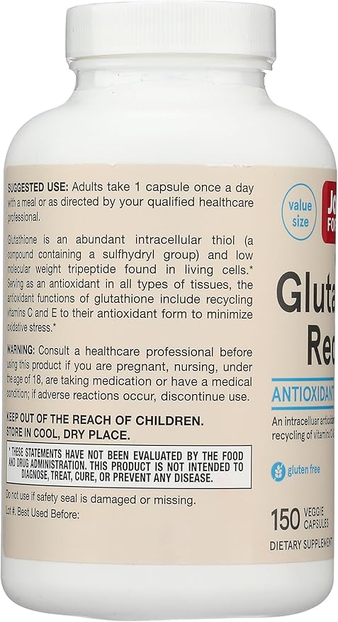 Jarrow Formulas Glutathione Reduced 500 mg - 150 Veggie Capsules - Intracellular Antioxidant - Quality Glutathione Supplements - Supports Recycling of Vitamins C &amp E - Non-GMO - Gluten Free - Vega