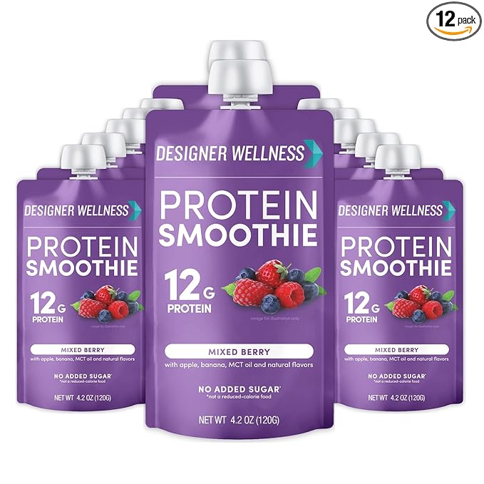 Designer Wellness Protein Smoothie Real Fruit 12g Protein Low Carb Zero Added Sugar Gluten-Free Non-GMO No Artificial Colors or Flavors Mixed Berry 12 Count