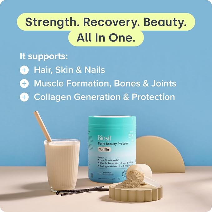 Biosil Daily Beauty Protein Vanilla - 17 oz - Vegan Protein + Collagen Powder for Strength Recovery Skin Hair Nails &amp Joints - Patented ch-OSA Generates Natural Production - 15 Servings